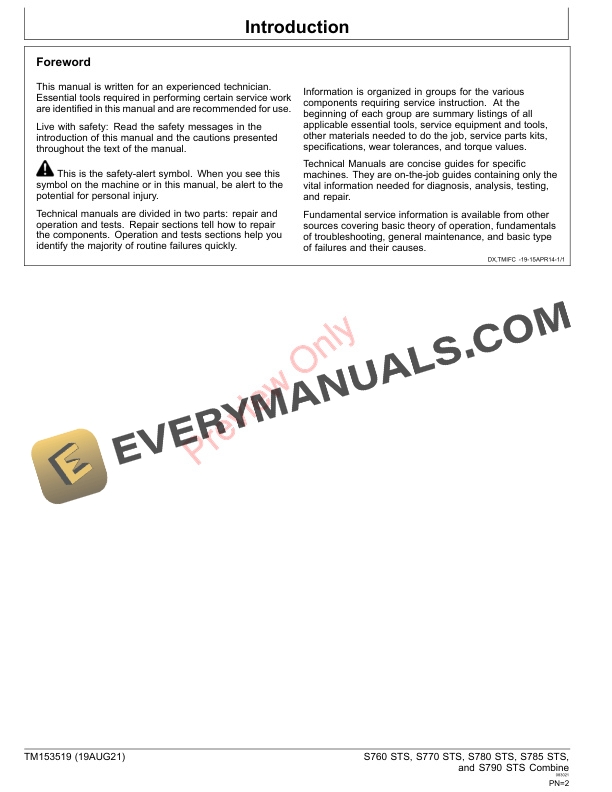 John Deere S760 STS S770 STS S780 STS S785 STS and S790 STS Combine Repair Technical Manual TM153519 19AUG21 2