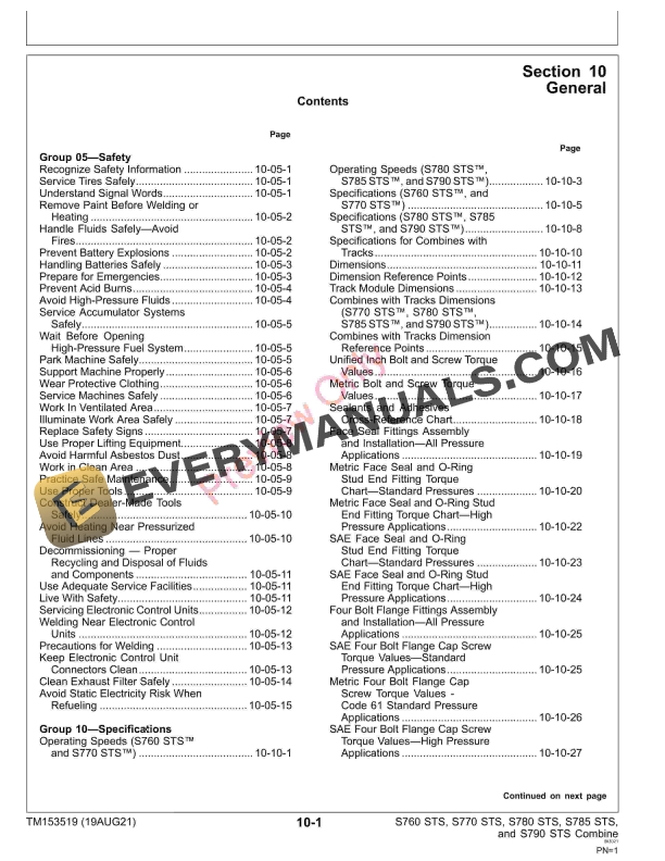 John Deere S760 STS S770 STS S780 STS S785 STS and S790 STS Combine Repair Technical Manual TM153519 19AUG21 5