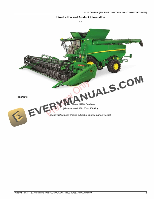 John Deere S770 Combine (PIN 1CQS770XXXX130100-1CQS770XXXX140099) Parts Catalog PC13445 16NOV23-5