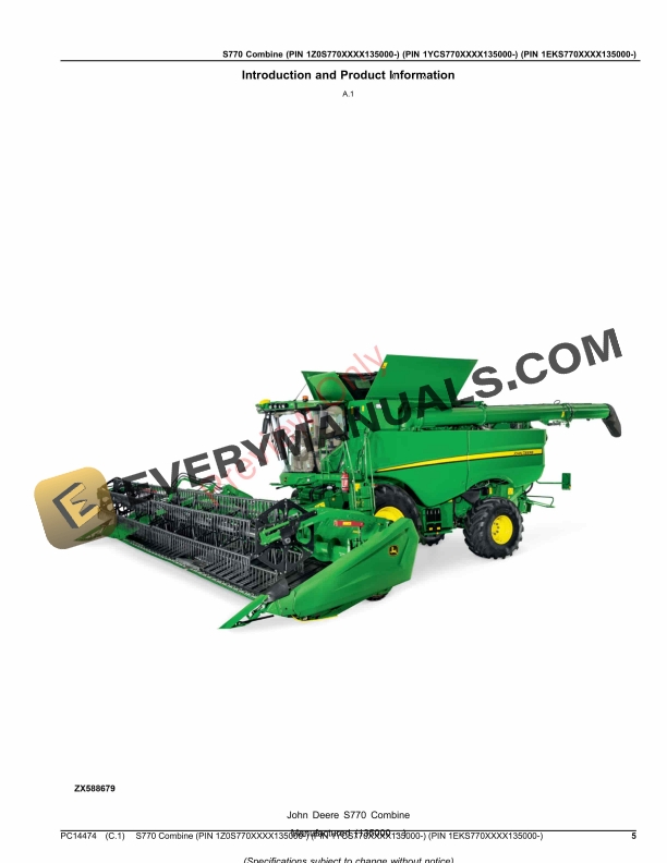 John Deere S770 Combine (PIN 1Z0S770XXXX135000 Parts Catalog PC14474 07NOV23-5