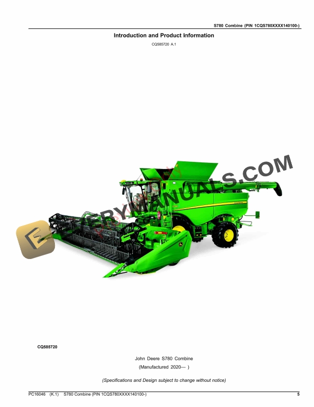 John Deere S780 Combine (PIN 1CQS780XXXX140100-) Parts Catalog PC16046 09OCT23-5