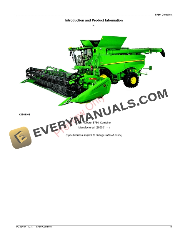 John Deere S780 Combine (PIN 1H0S780XXXX805001-) Parts Catalog PC13457 31OCT23-5