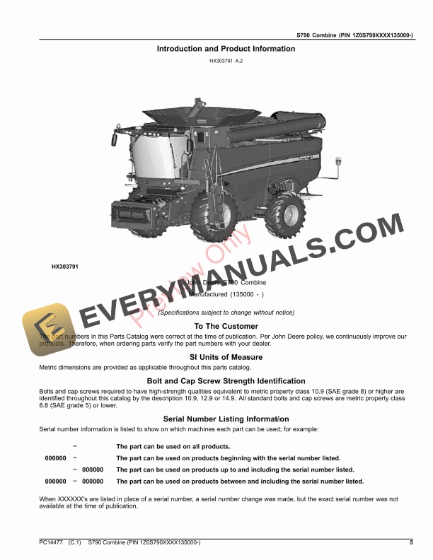 John Deere S790 Combine (PIN 1Z0S790XXXX135000-) Parts Catalog PC14477 26OCT23-5