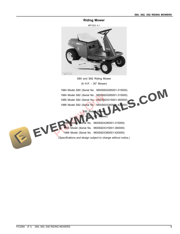 John Deere S80, S82, S92 Riding Mowers Parts Catalog PC2084 11FEB22-3