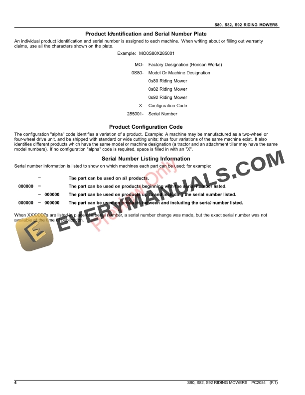 John Deere S80, S82, S92 Riding Mowers Parts Catalog PC2084 11FEB22-4