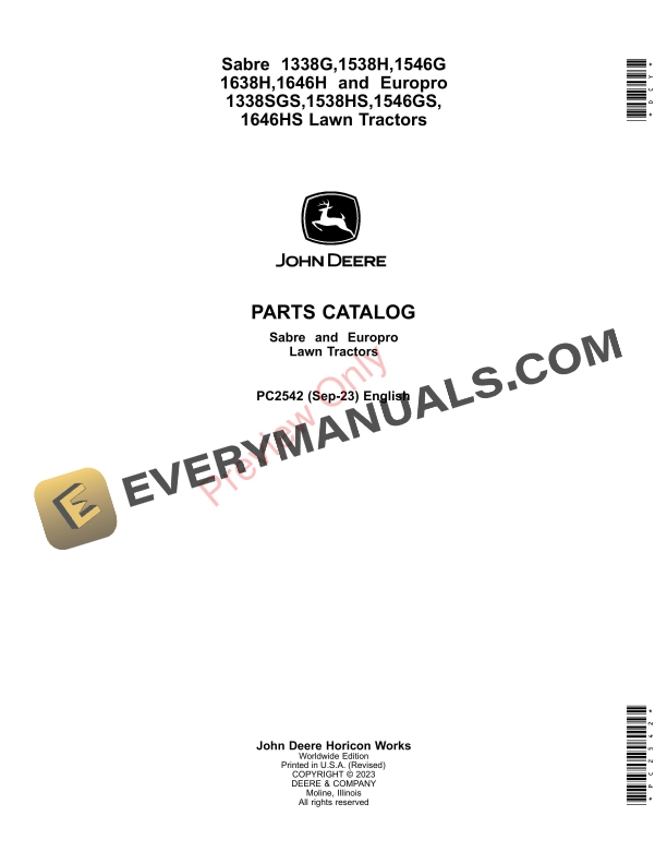 John Deere SABRE 1338G1538H1546G1638H1648H EUROPRO 1338GS1538HX1546GS1646HS Parts Catalog PC2542 10SEP23-1
