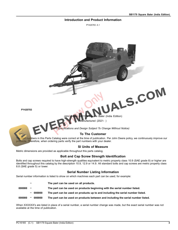 John Deere SB1179 Square Baler Parts Catalog PC16165 13SEP21-3