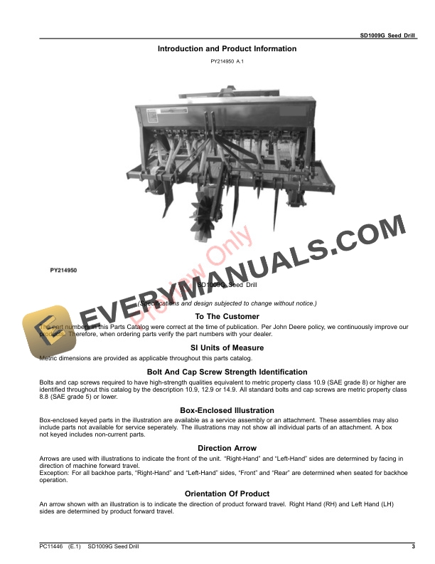 John Deere SD1009G Seed Drill Parts Catalog PC11446 06AUG23 3