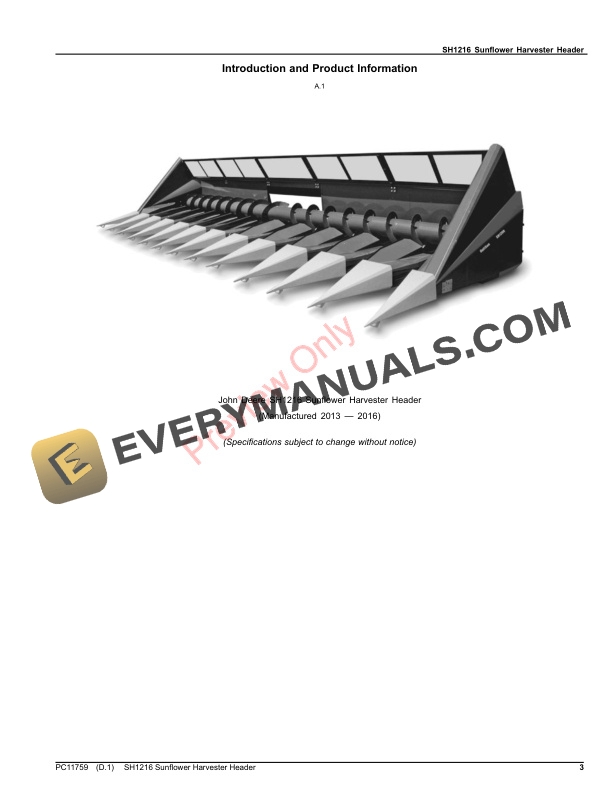 John Deere SH1216 Sunflower Harvester Header Parts Catalog PC11759 30APR17 3