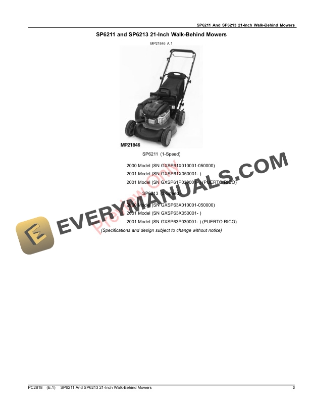 John Deere SP6211 AND SP6213 SCOTTS 21-INCH WALK-BEHIND MOWERS Parts Catalog PC2818 04SEP20-3