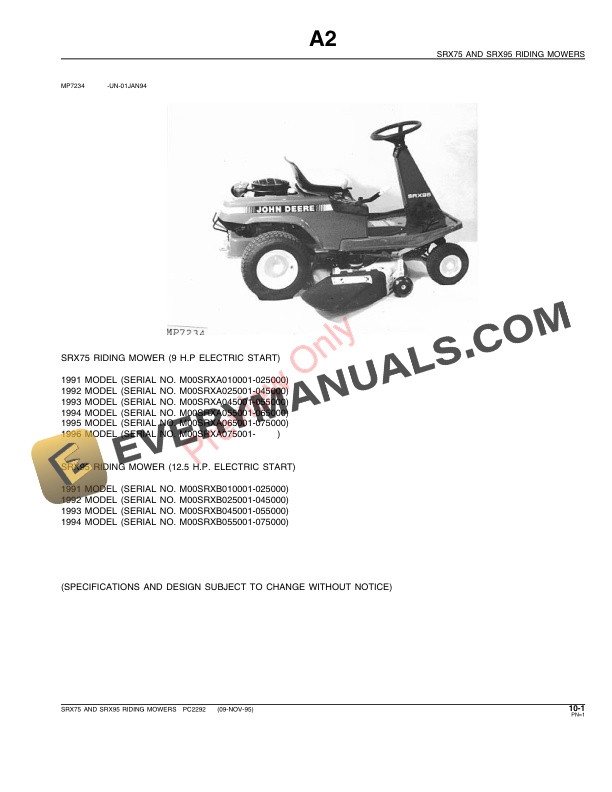 John Deere SRX75, SRX95 Riding Mowers Parts Catalog PC2292 09NOV95 4 John Deere SRX75, SRX95 Riding Mowers Parts Catalog PC2292 09NOV95-3