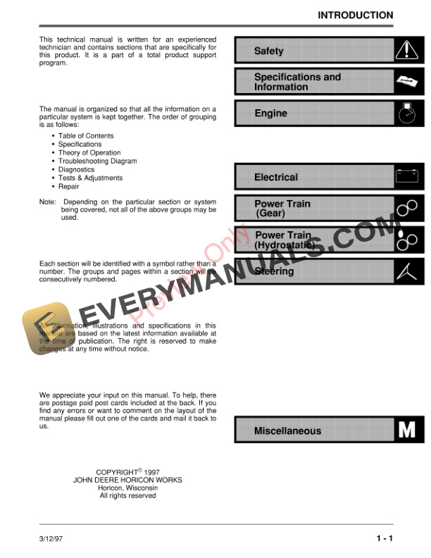 John Deere STX30 STX38 and STX46 Lawn Tractors Yellow and Black Decks Technical Manual TM1561 15MAR97 3