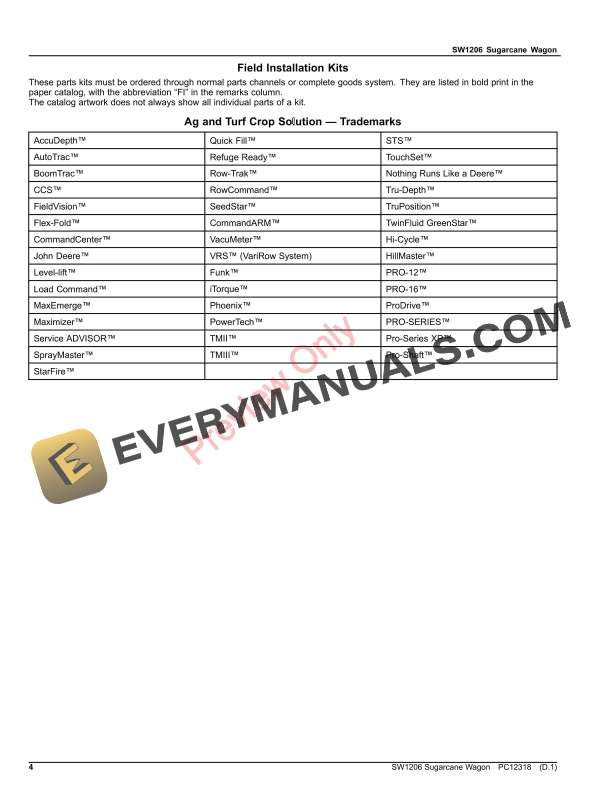 John Deere SW1206 Sugarcane Wagon Parts Catalog PC12318 06AUG23-4