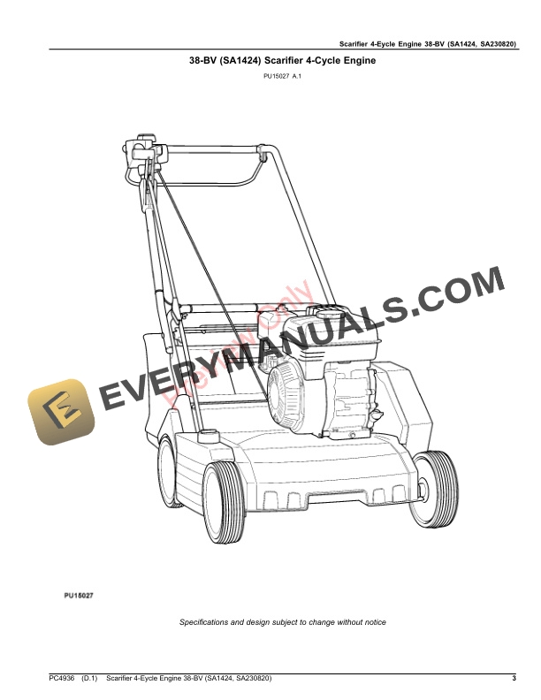 John Deere Scarifier 4-Cycle Engine 38-BV (SA1424, SA230820) Parts Catalog PC4936 19MAY21-3