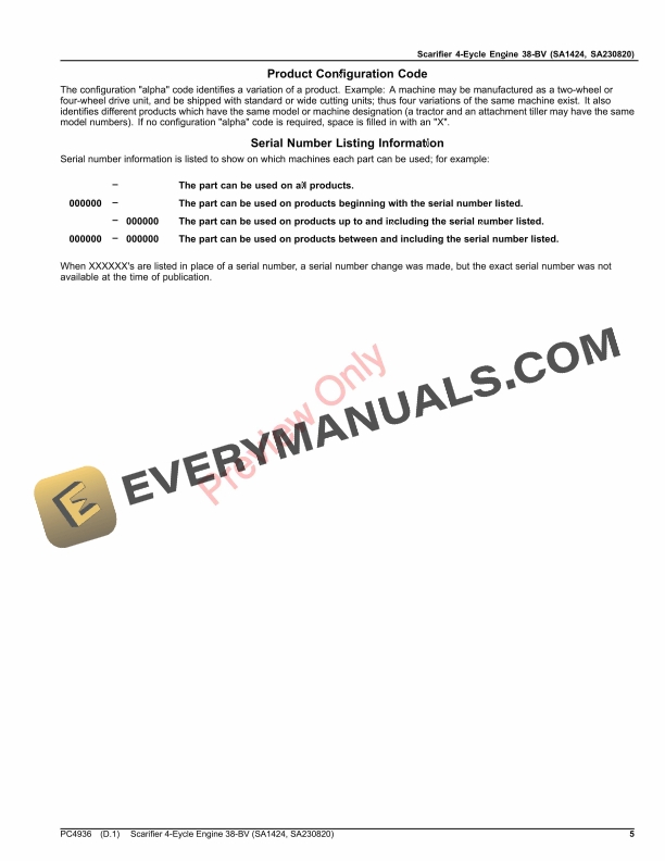 John Deere Scarifier 4-Cycle Engine 38-BV (SA1424, SA230820) Parts Catalog PC4936 19MAY21-5