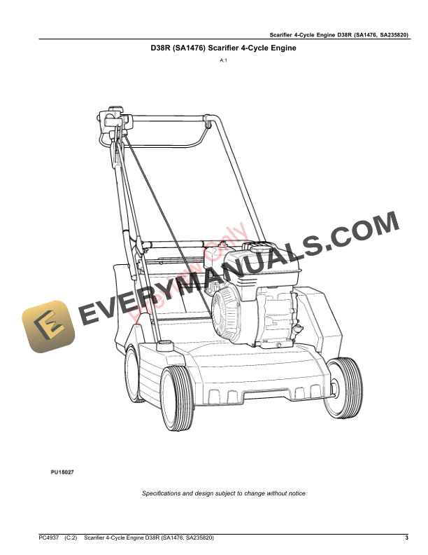 John Deere Scarifier 4-Cycle Engine D38R (SA1476) Parts Catalog PC4937 15AUG23-3