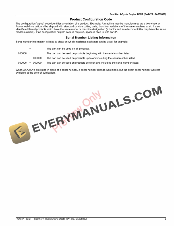 John Deere Scarifier 4-Cycle Engine D38R (SA1476) Parts Catalog PC4937 15AUG23-5