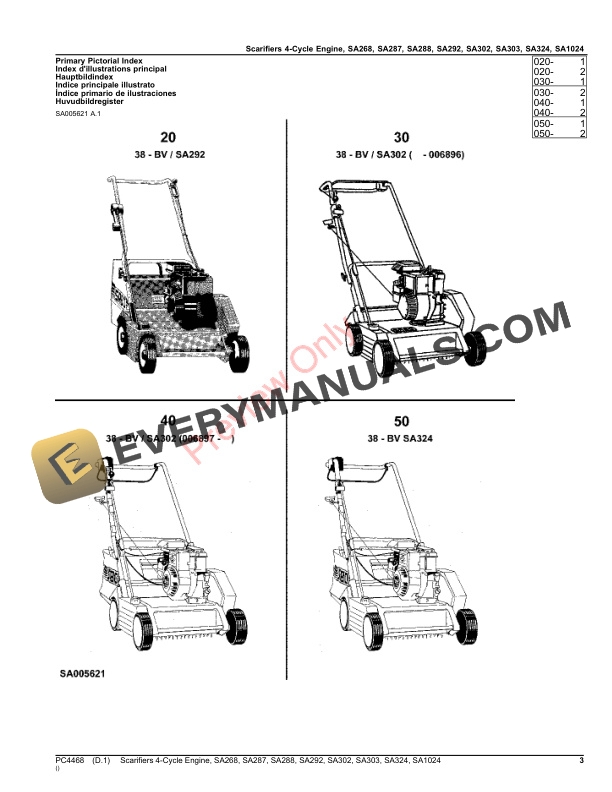 John Deere Scarifiers 4-Cycle Engine, SA268, SA287, SA288, SA292, SA302, SA303, SA324, SA1024 Parts Catalog PC4468 13SEP19-3