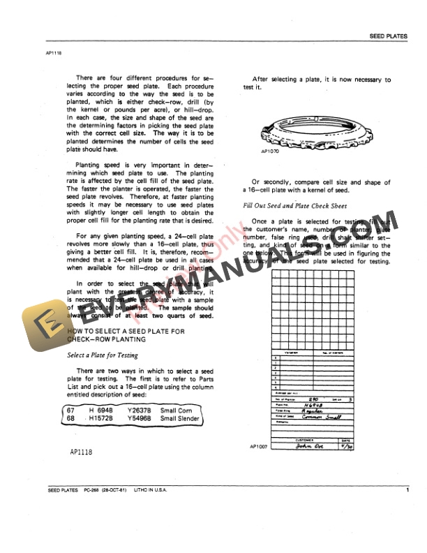 John Deere Seed Plates Parts Catalog PC268 01MAY85-3