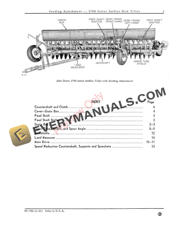 John Deere Seeding Attachment – 1700 Series Surflex Disk Tiller Parts Catalog PC755 01JAN61-3