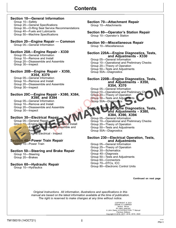 John Deere Select Series Tractors X330 X350 X354 X370 X380 X384 X390 X394 110001 Technical Manual TM158319 14OCT21 3