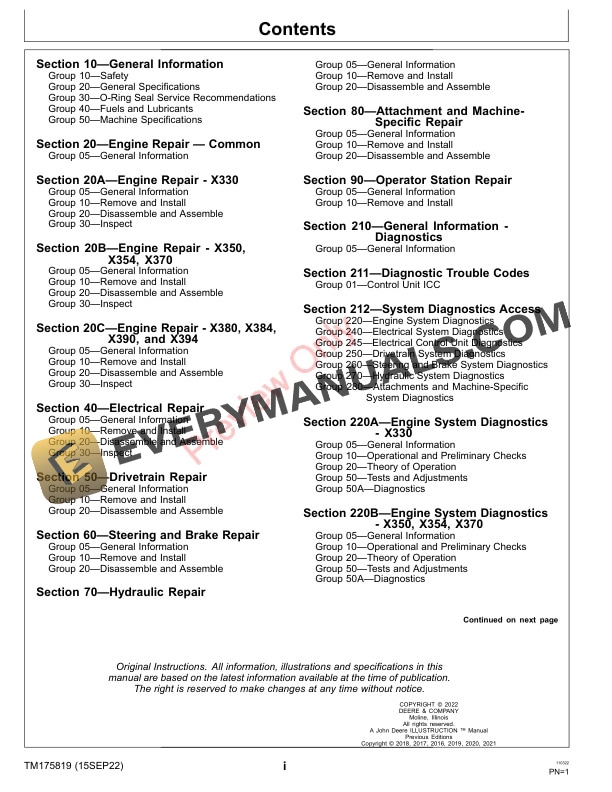 John Deere Select Series Tractors X330 X350 X354 X370 X380 X384 X390 X394 150001 Technical Manual TM175819 15SEP22 3