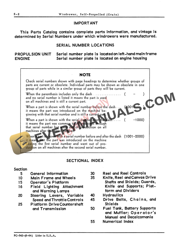 John Deere Self- Propelled Windrower (Grain) Parts Catalog PC542 01JUN64-4