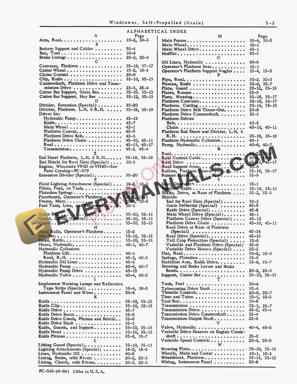 John Deere Self- Propelled Windrower (Grain) Parts Catalog PC542 01JUN64-5