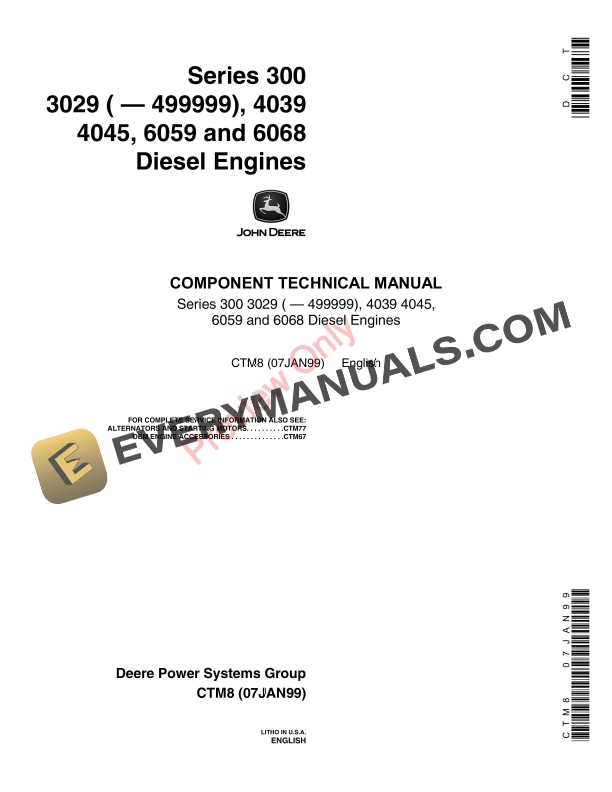 John Deere Series 300 3029, 4039, 4045, 6059 and 6068 Diesel Engines Component Technical Manual CTM8 07JAN99-1