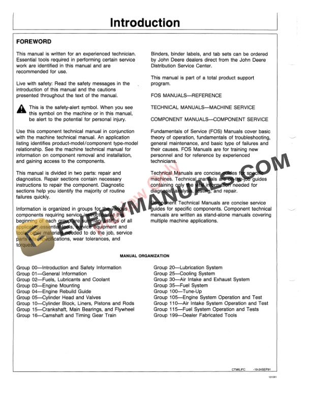John Deere Series 400 6076 Diesel Engine 499999 Component Technical Manual CTM6 03OCT91 2