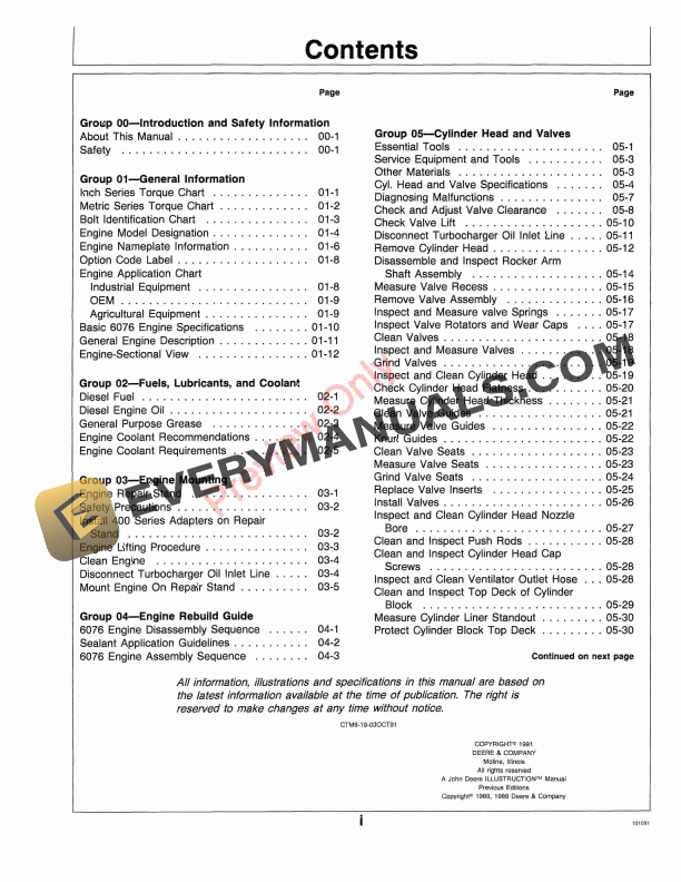 John Deere Series 400 6076 Diesel Engine 499999 Component Technical Manual CTM6 03OCT91 5