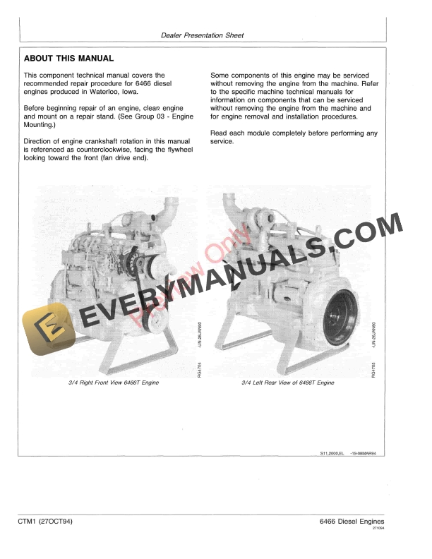 John Deere Series 400 6466 Diesel Engines Component Technical Manual CTM1 27OCT94 4