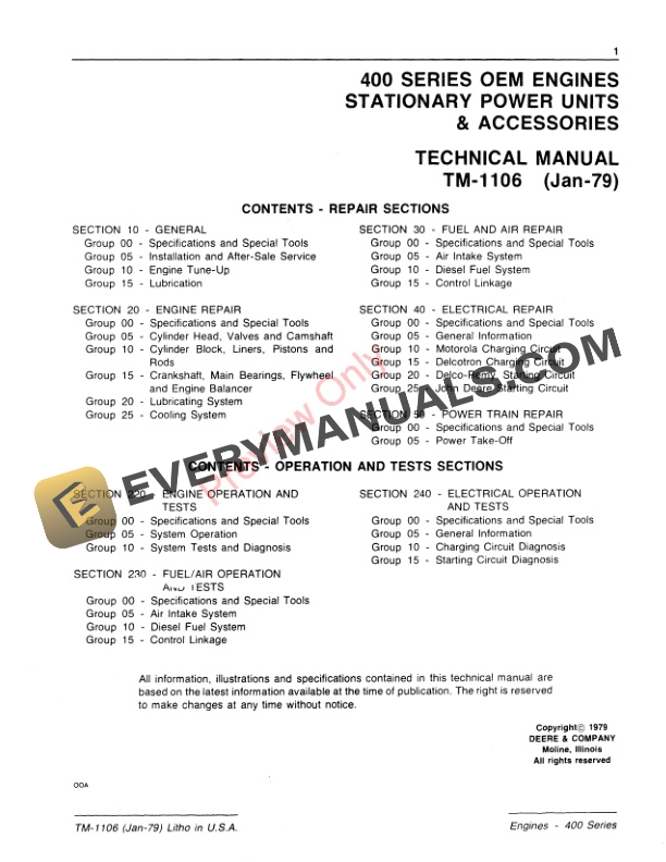 John Deere Series 400 OEM Engines Stationary Power Unit and Accessories Technical Manual TM1106 01JAN79 3