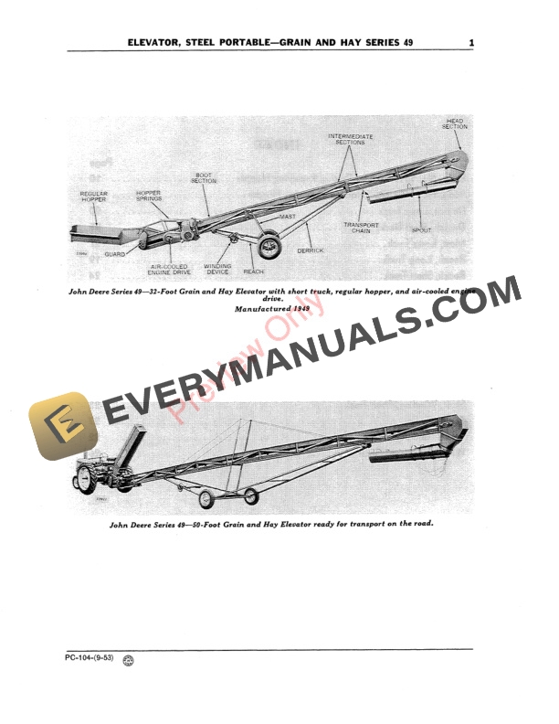 John Deere Series 49 Grain and Hay Portable Steel Elevators Parts Catalog PC104 01SEP53 4 John Deere Series 49 Grain and Hay Portable Steel Elevators Parts Catalog PC104 01SEP53 3