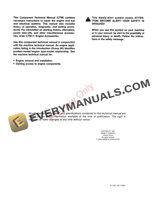 John Deere Series 700 8955 Diesel Engine Component Technical Manual CTM10 01APR87 2