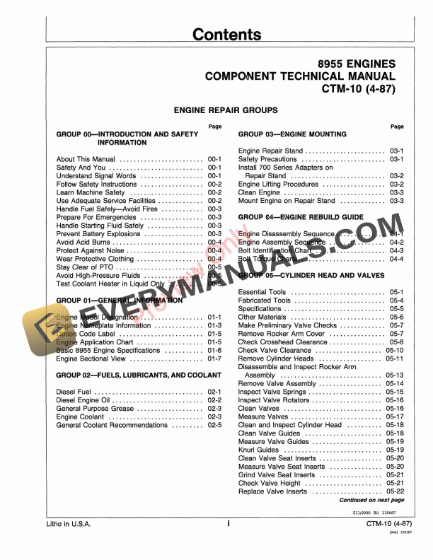 John Deere Series 700 8955 Diesel Engine Component Technical Manual CTM10 01APR87 5