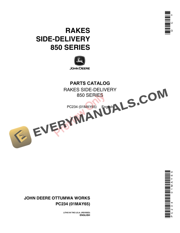 John Deere Side Delivery Rakes – 850 Series Parts Catalog PC234 01MAY65-1