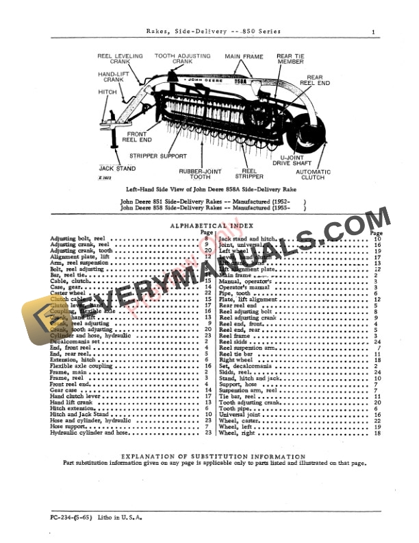 John Deere Side Delivery Rakes – 850 Series Parts Catalog PC234 01MAY65-3