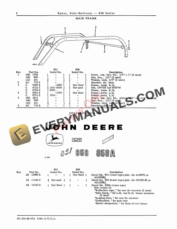 John Deere Side Delivery Rakes – 850 Series Parts Catalog PC234 01MAY65-4