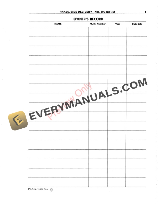John Deere Side-Delivery Rakes – Nos. 596, 714 Parts Catalog PC145 01JAN51-3