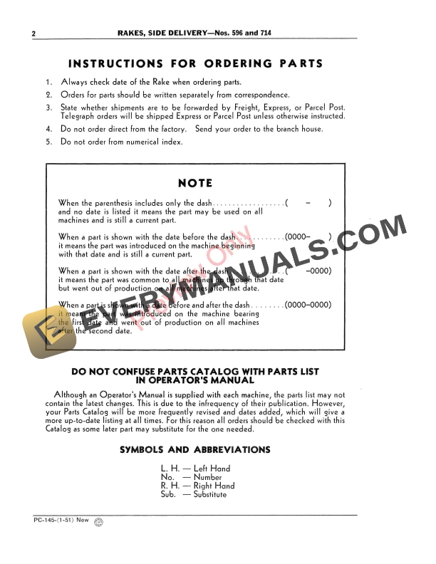 John Deere Side-Delivery Rakes – Nos. 596, 714 Parts Catalog PC145 01JAN51-4