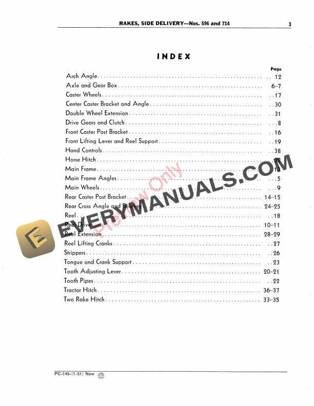 John Deere Side-Delivery Rakes – Nos. 596, 714 Parts Catalog PC145 01JAN51-5