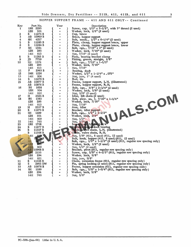 John Deere Side Dressers, Dry Fertilizer 211B, 411, 411B, 611 Parts Catalog PC598 01JUN66 6 John Deere Side Dressers, Dry Fertilizer 211B, 411, 411B, 611 Parts Catalog PC598 01JUN66-5