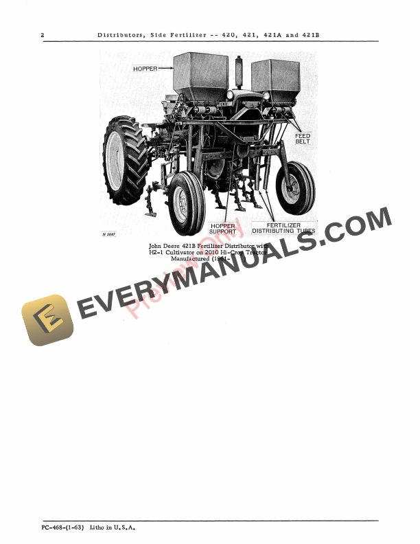 John Deere Side Fertilizer Distributor - 420, 421, 421A , 421B Parts Catalog PC468 01JAN63 5 John Deere Side Fertilizer Distributor – 420, 421, 421A , 421B Parts Catalog PC468 01JAN63-4