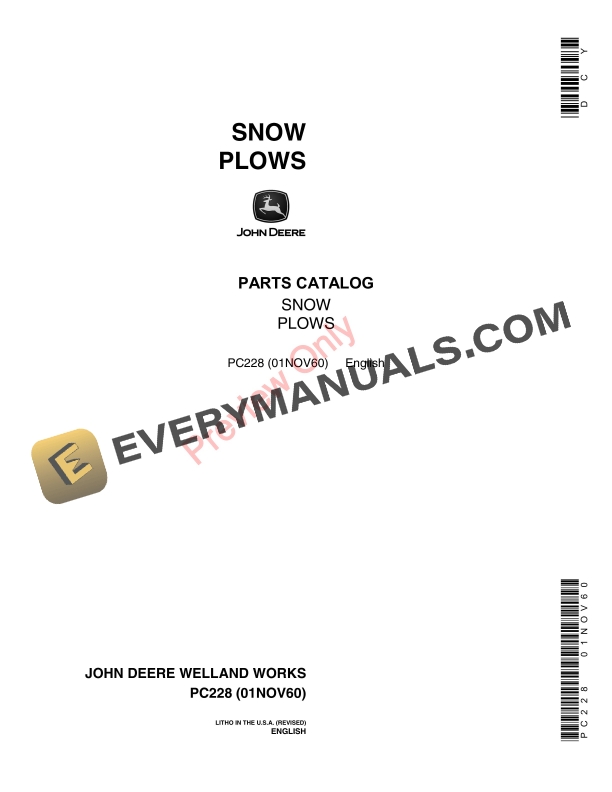 John Deere Snow Plows Parts Catalog PC228 01NOV60-1