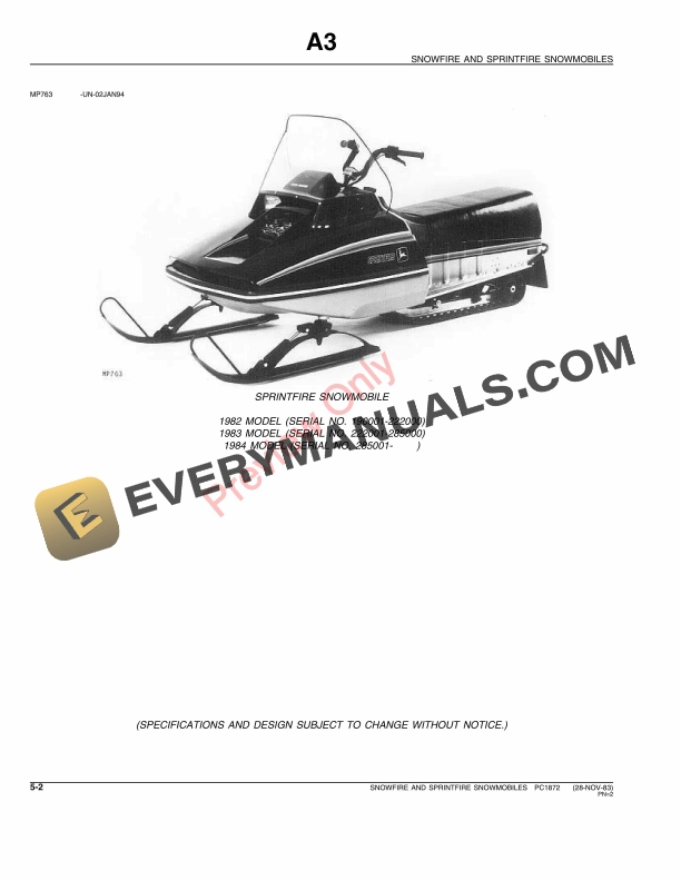 John Deere Snowfire and Sprintfire Snowmobiles Parts Catalog PC1872 24FEB84-4