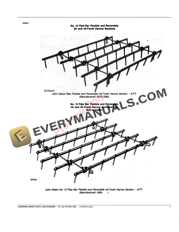 John Deere Spike Tooth Harrow, Eveners Parts Catalog PC407 07MAY80-3