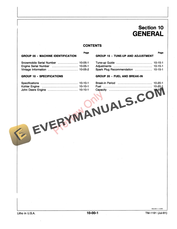 John Deere Spitfire Snowmobile Technical Manual TM1191 01JUL81 5