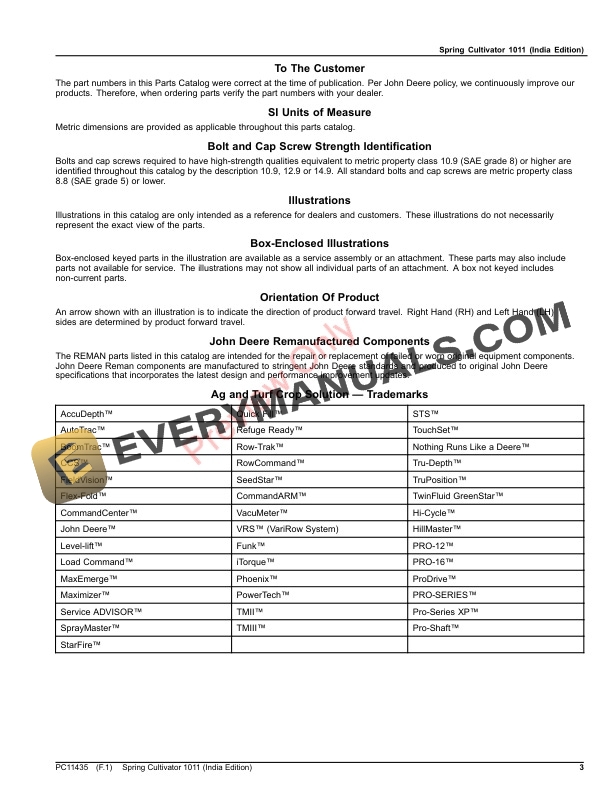John Deere Spring Cultivator 1011 Parts Catalog PC11435 30SEP23 3