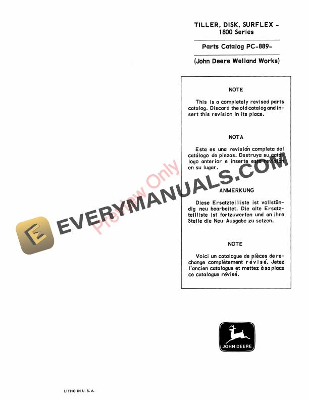 John Deere Surflex Disk Tiller – 1800 Series Parts Catalog PC889 01JUL69-1